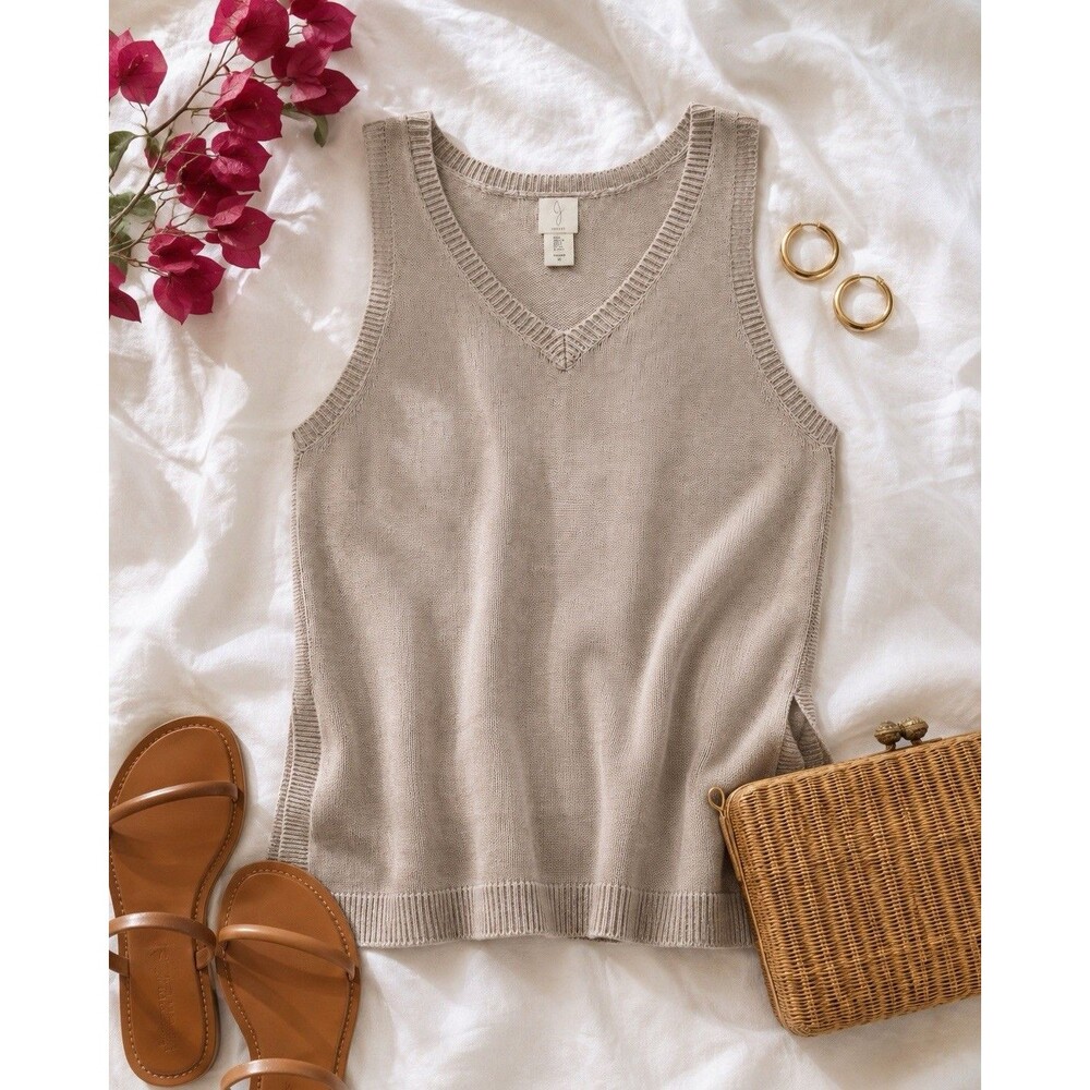 Joie Beige Linen Blend V-Neck Knit Tank Top Size L